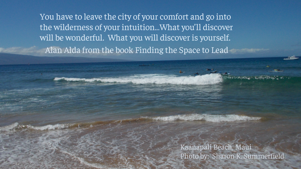 Photography by Sharon K. Summerfield on Kaanapali Beach in Maui.  Thought by Alan Alda as featured in Janice Marturano's book Finding the Space to Lead.