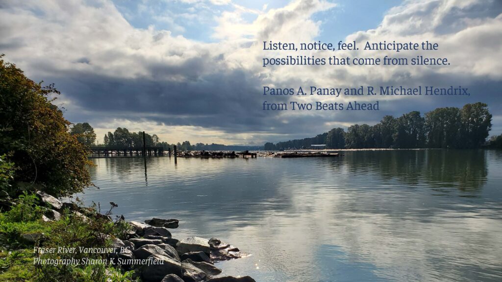 Photography by Sharon K. Summerfield just before a thunderstorm on the Fraser River in Vancouver.  Featuring a quote from the book "Two Beats Ahead"