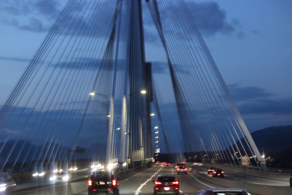 Evening shot of the Port Mann Bridge in Surrey, BC.  Photography by Sharon K. Summerfield